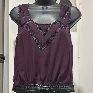 NWT Dex Beaded Purple Top. size Small. Black Beads. Missing sheer skirt. Holiday